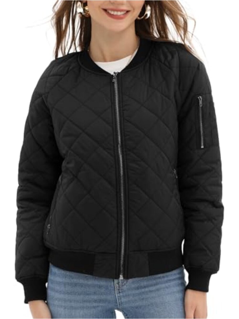 Women's Quilted Lightweight Bomber Jacket Full Zip Pockets